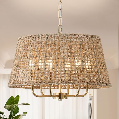 20" Rattan Large Boho Chandelier Ceiling Light Fixture, 6-Light Farmhouse Wicker Hand-Woven Chandelier Rattan Ceiling Pendant Light Fixture for Dining Room Bedroom Hallway Kitchen Island(Gold) - color: Gold 6-Light 20" T-Shape