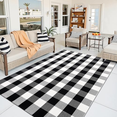 OLANLY Buffalo Plaid Rug 3' x 5' – Black and White Cotton Checkered Doormat, Washable Indoor Outdoor Rug for Layered Front Porch, Kitchen, Entryway Decor - color: Black White Buffalo Check, size: 3' X 5' (Rectangular)