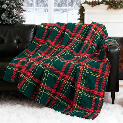 Exclusivo Mezcla Checkered Christmas Blanket, Ultra Soft and Warm Reversible Woven Knit Blanket, Lightweight Cozy Snuggly Throw for Couch Bed, Plaid Red and Green, 50"x60" - color: Red and Green, size: Throw (50"x60")
