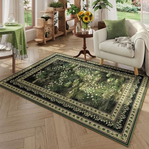 Rugcomf 3x5 Washable Rug Impressionist-Style Vintage Non Slip Low Pile Small Carpet for Bedroom Bedside Kitchen Entryway Kids Room Office College Dorm Essentials for Girls, Green - color: Green, size: 3' x 5' (Rectangular)