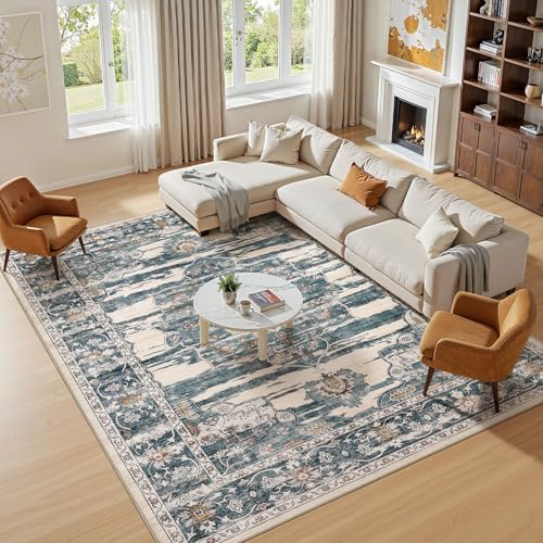 Washable 5x7 Area Rug for Living Room - Ultra Soft Vintage Carpet with Non-Slip Backing, Stain Resistant Low-Pile Indoor Rug for Bedroom & Home Office, Kid & Pet Friendly - Blue - color: Dark Blue, size: 5' x 7' (Rectangular)