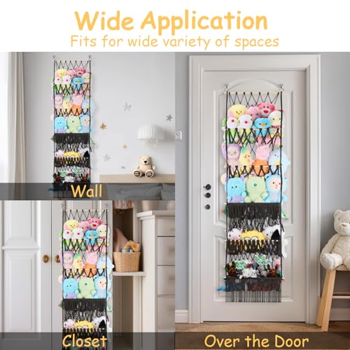 5 Tier Stuffed Animal Storage Shelf Net, 17x61 Inch Large Plushie Net w/LED Light & Clips for Mini Medium Stuffy Teddy, Black Boho Macrame Wall Toy Holder Display for Nursery Kids Girls Boys - color: Black, size: Large-5 Tier-17x61 Inch