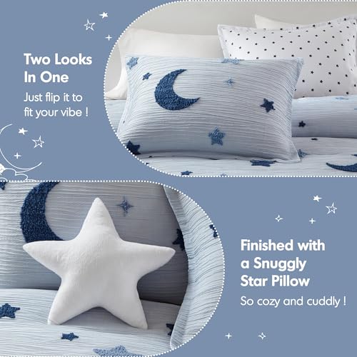 Intelligent Design Kids Cosmos Twin Size Comforter Set – Blue Star and Moon Tufted Chenille, Reversible 3-Piece Bedding with Star Pillow - color: Blue, size: Twin Comforter