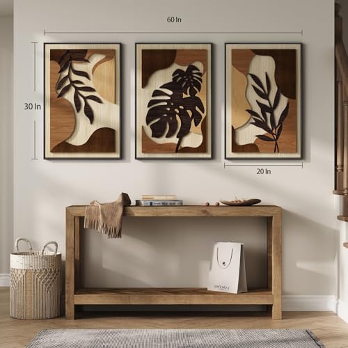 Framed Wood 3D Boho Textured Wall Art for Living Room, Large 3 Piece Carved Wooden Tropical Botanical Artwork for Walls, Brown Monstera Leaf Wood Bedroom Dining Room Home Office Wall Decor, 20x30 Inch - color: Brown, size: 20" W x 30" H x 3Pcs