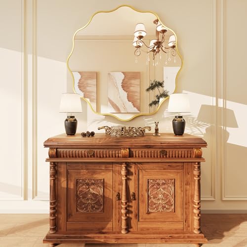 Kelly Miller 36 Inch Gold Round Wavy Mirror, Large Scalloped Edge Decorative Wall Mirror for Bathroom Bedroom Living Room Entryway Vanity Fireplace - size: 36"L x 36"W