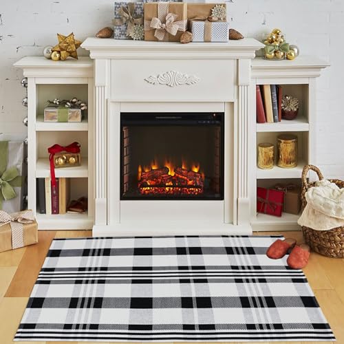 Fall Décor Plaid Rug, 2'4" x 3'7" Black&White Check Indoor/Outdoor Area Rug, Layering Rug for Hello/Welcome Doormat, Machine Washable Cotton Woven Rugs for Farmhouse Front Porch,Entryway - color: Black & White Plaid X, size: 2'4" x 3'7" (Rectangular)