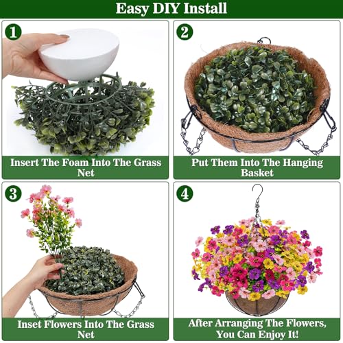 2 Sets Artificial Hanging Plants Flowers Basket Outdoor, Fake Hanging Plants 24 Pcs Flowers for Porch Patio Garden Home Decor for Spring Summer (Red, Purple, Yellow, Rose Red) - color: 2 Sets – Red, Purple, Yellow, Rose Red
