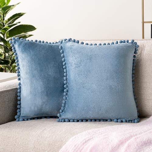 PAVILIA Dusty Blue Throw Pillow Covers with Pom Pom 20x20 Set of 2, Decorative Pillow Cases for Bedroom Aesthetic, Small Throw Pillows Set for Bed, Velvet Euro Plush Cushion Covers for Sofa Couch - color: Dusty Blue, size: 20" x 20" (Pack of 2)