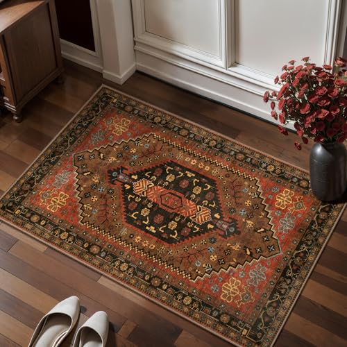 Ciicool Small Area Rug, 2x3ft Red Boho Rug, Ultra Soft Entry Rugs for Entryway, Non-Slip Washable Rugs Oriental Low-Pile Indoor Mat Floor Carpet for Entrance Bedroom Kitchen Bathroom Foyer Decor - color: Red/Gold, size: 2' X 3' (Rectangular)