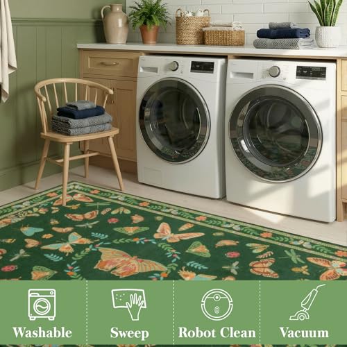Unirea 2x6 Dark Green Runner Rug, Washable Non Slip Insect Botanical Rug for Hallway, Kitchen, Bathroom, Laundry Room, Entryway, Bedroom, Soft Boho Door Mat Indoor Entrance Bug Rugs, Low Pile Carpet - color: Dark Green, size: 2'x6'