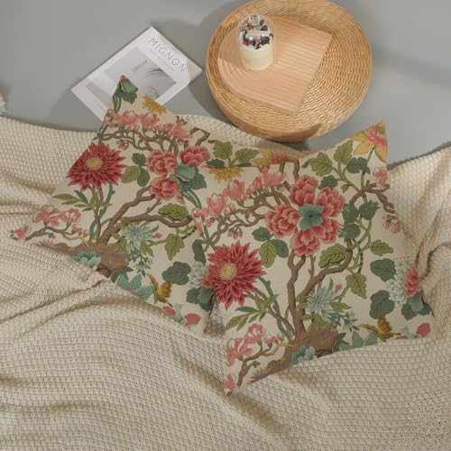 Chinoiserie Throw Pillow Covers 16x16 Inch 2 Pcs Pink Sage Green Floral Decor Pillow Covers Vintage Flower Spring Summer Outdoor Boho Decorative Pillowcase Linen Cushion Cover for Couch - color: Chinoiserie Pink Green Floral, size: 16" x 16" (Pack of 2)