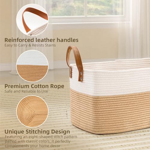 BOLDMONKEY 72L Laundry Basket with Leather Handles,Woven Cotton Rope Blanket Basket,Toy Bin for Baby Room,Laundry Hampers for Bedroom, Living Room,Bathroom,22"x17"x11.8" Khaki - color: Khaki, size: 72L