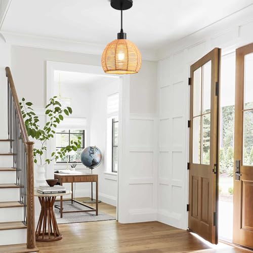 Woven Pendant Light Boho Chandelier, Rattan Pendant Lights Kitchen Island, Farmhouse Pendant Lighting with Hand Woven Wicker Shade, Boho Chandelier Light Fixtures Ceiling Hanging Light - color: 7.87" Rattan 2 Pack