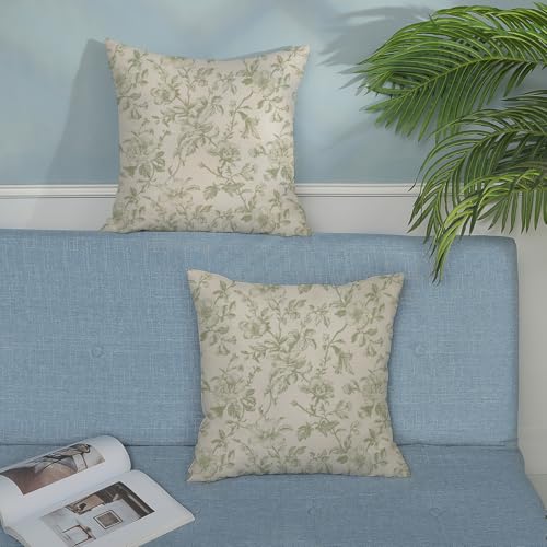 Sage Green Vintage Floral Pillow Covers 16x16 Inch 2 Pcs Green Cream Rustic Toile Chinoiserie Flower Decor Throw Pillows Outdoor Decoration Pillowcase Linen Cushion Cover for Couch Sofa Bed - color: Sage Green Vintage Floral, size: 16" x 16" (Pack of 2)