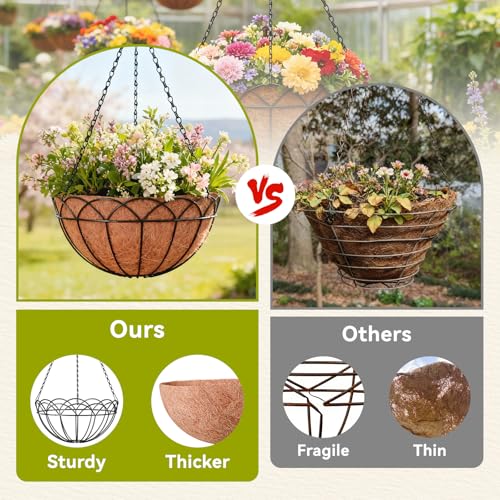 Halatool 2 Pack 14 Inch Hanging Baskets with Coco Liners, Rustproof Metal Flower Planters with Chain Hooks, No Tool Needed Heavy Duty Hanging Pots for Outdoor Patio Balcony Decor