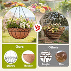 Halatool 2 Pack 14 Inch Hanging Baskets with Coco Liners, Rustproof Metal Flower Planters with Chain Hooks, No Tool Needed Heavy Duty Hanging Pots for Outdoor Patio Balcony Decor