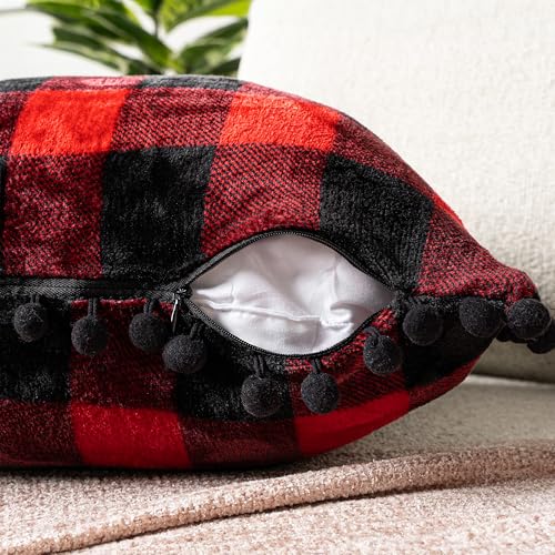 PAVILIA Plaid Red Black Throw Pillow Covers Pom Pom 20x20 Set of 2, Decorative Pillow Cases for Bedroom Aesthetic, Buffalo Check Small Pillows Set for Bed, Velvet Euro Plush Cushion Covers Sofa Couch - color: Checkered Red, size: 20" x 20" (Pack of 2)