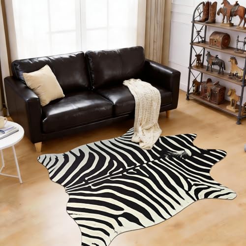 BENRON Premium Zebra Rugs for Living Room Bedroom, Non-Slip Throw Rug for Home Decor, Faux Zebra Print Animal Skin Carpets, Black and White, Ivory, 2.9 x 3.9 ft - color: Black/White, size: 2'11" x 3'11" (Irregular)