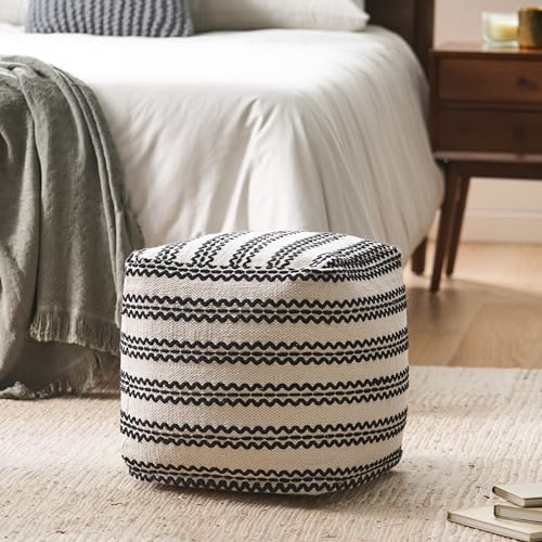 GDFStudio Boho Handmade Fabric Cube Pouf Ottoman Foot Stool - Bean Bag Floor Chair - Foot Rest Couch for Living Room Bedroom,Natural and Black,16" x 16" x 15.75" - color: Union,natural,black, size: 16"