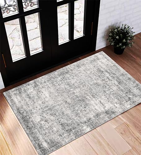 CHAMPLANT Area Rug 2x3 Washable Rug Door Mat Vintage Distressed Doormat Indoor Entrance Traditional Thin Rug Floral Print Non Slip Carpet for Kitchen Bathroom Bedroom Living Room - color: Grey, size: 2' x 3' (Rectangular)
