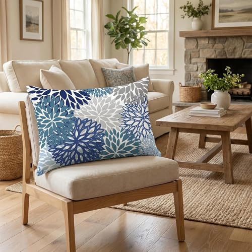 COMMINY Lumbar Throw Pillow Covers 12x20 Inch Set of 6, Blue Grey Pillow Cases for Couch Room Decor, Farmhouse Daisy Dahlia Lumbar Pillow Cover, Indoor Decorative Cushion Cover Only, No Insert - color: Blue Daisy, size: 20" x 12" (Pack of 6)