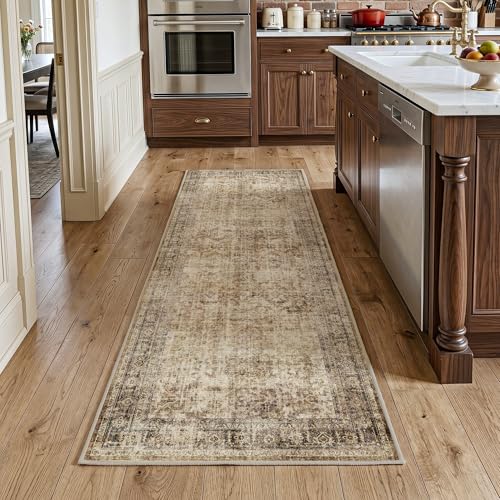 FMFUNCTEX 2x6 Hallway Runner Rug Brown Neutral Vintage Washable Distressed Non Slip Low Pile Oriental Indoor Carpet Soft Retro Entryway Rug for Kitchen Laundry Entrance Entry Living Room Bedroom - color: Brown, size: 2' x 6' (Rectangular)