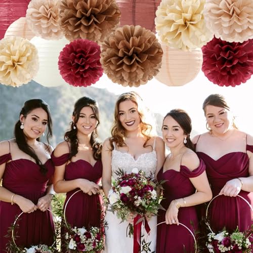Burgundy-Brown Champagne Party-Decorations Paper-Flowers Lanterns - 15PCS Fall Boho Tissue Pom Poms Streamers,Autumn Rustic Baby Shower Neutral Wedding Birthday Decor Hugfond - color: Brown Champagne