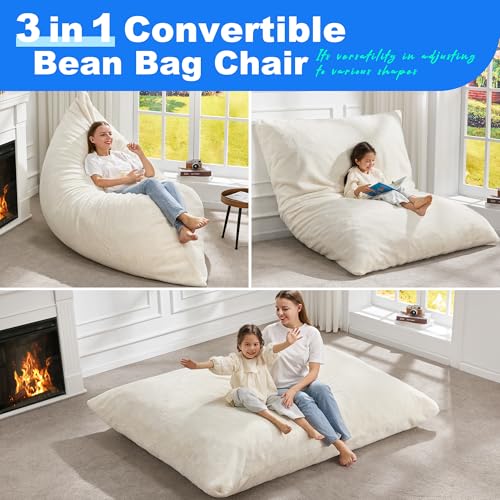 Hobestluk 3 in 1 Bean Bag Chair Giant Bean Bag Chairs for Adults with Plush Faux Fur Cover Convertible Bean Bag Floor Cushion with Machine Washable Cover for Living Room (Plush White) - color: Cream