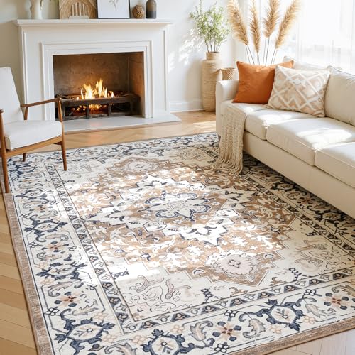 5x7 Washable Rugs, Area Rugs for Living Room, Bedroom, Kitchen, Vintage Boho Carpets, Soft Non-Slip Low Pile Large Area Rug for Dining Room Home Office Indoor Nursery, Brown Cream - color: Brown Cream, size: 5' x 7' (Rectangular)