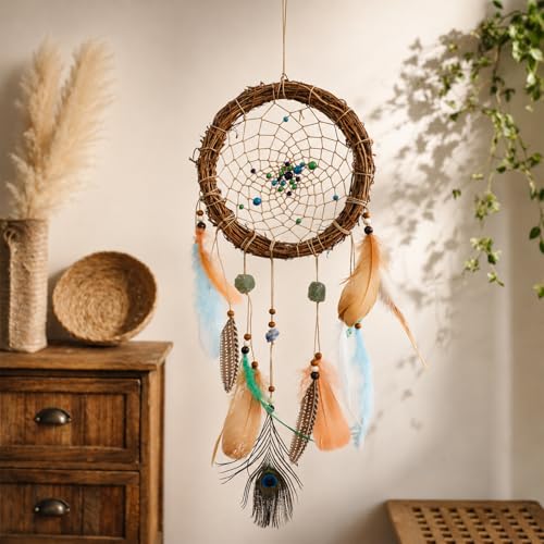 Rattan Dream Catchers with Peacock Feather, Boho Wall Decor Rustic Wooden Native American Wall Art for Bedroom Living Room (Green Blue Mix) - color: Green Blue Mix