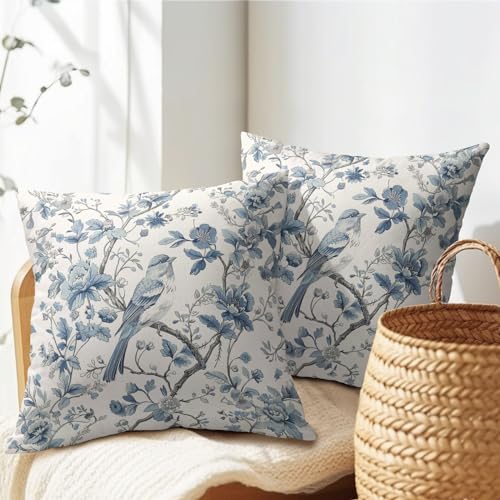 Chinoiserie Blue & White Pillow Covers - 16x16 Inches, Bule Birds & Flowers Design, Set of 2 for Home Couch & Sofa - color: Chinoiserie Flowers240413, size: 16" x 16" (Pack of 2)