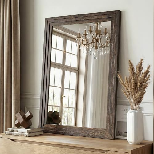 Wood Framed Mirrors for Wall, Brown Bathroom Vanity Mirror for Over Sink 24 x 36, Rustic Wall Mirror for Bathroom Sink Hallway Entryway Bedroom Living Room Farmhouse Boho Style - color: Wooden Brown, size: 36"L x 24"W
