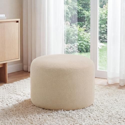 Boho Round Ottoman, Soft Pouf Ottoman, Farmhouse Footstool with Soft Padded Seating & Solid Wood Frame, Upholstered Vanity Stool Accent Seat for Living Room, Bedroom, Beige Woven Linen - color: Beige Weaving Linen Rope, size: Set of 1