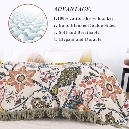 Snycler Boho Throw Blanket for Bed, 100% Organic Cotton Muslin Soft Throw-Floral Farmhouse Rustic Spring Summer Fall Decor Blanket for Couch Sofa Quilt and Gift, 60" x 80" White - color: White Boho Floral, size: 60"x80"