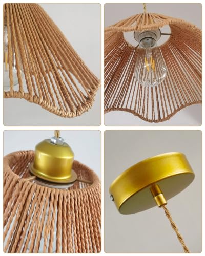 Mini Rattan Pendant Lights, 11.8″ Kitchen Island Pendant Lights with Flower Shade, Boho Handwoven Rope Woven Chandelier for Living Room Dining Room Bedroom Wicker Adjustable Height Hanging Lamp - color: 11.81″-Flower-shape