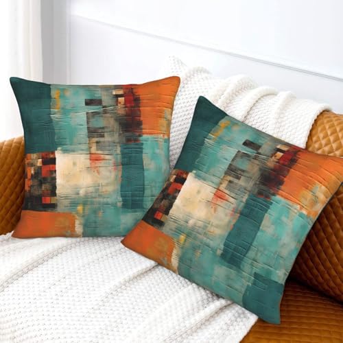 Abstract Teal Green and Orange Throw Pillow Covers 18x18 Set of 2 Messy Rust Painting Decorative Pillow Covers for Sofa Couch Bed Home Decor - color: Abstract, size: 18" x 18" (Pack of 1)