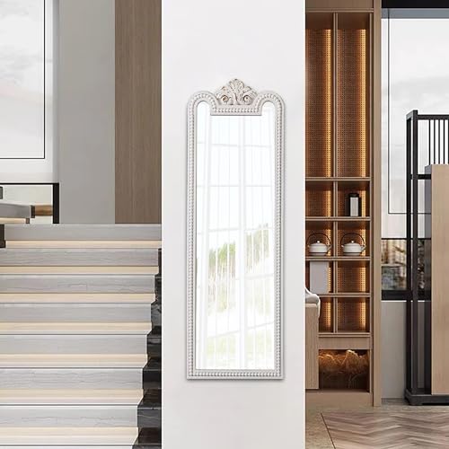 Vintage Long Wall Mirror Decorative 12 X 38 Inch, Hanging Distressed White Farmhouse Entryway Mirror with Beaded Detailing, Handmade Rectangle Wooden Boho Mirrors for Living Room Hallway