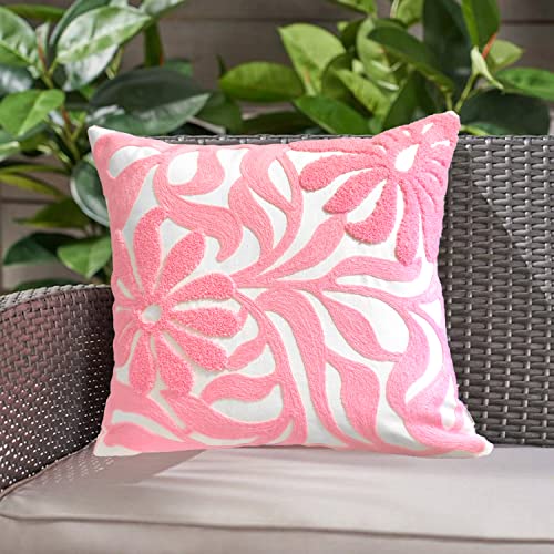 Alysheer Farmhouse Floral Leaves Embroidered Decorative Throw Pillow Cover 18x18 inches, Boho Tufted Flowers Embroidery Pattern Chic Cotton Cushion Case for Couch Bed Sofa Living Room(Light Pink) - color: Light Pink, size: 18" x 18" (Pack of 1)