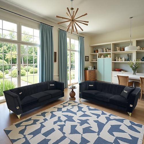 KEIKI 2-Piece Luxury Chesterfield Sofa Set with 2 Oversized Velvet 3-Seater Sofa, Upholstered Modern Style 6-Seater Button Tufted Couch Set with 4 Pillow, Gold Metal Accents, for Living Room, Black - color: Black, size: 83"+83"