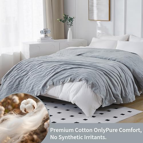 100% Organic Cotton Muslin Blanket with Ruffled Edges Soft Pleated Crinkle Bedspread for Twin & Queen Size Bed Breathable Lightweight Stylish Cotton Throw Decorative Home Gift - color: Mist Gray Ruffle Crinkle, size: Twin(60" x 80")