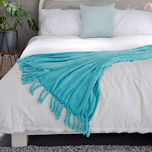 Throw Blankets Couch Cover Flannel Fleece Throw with Braided Rope Fringe Tassels, Plush Cozy Warm Soft Smooth Throw for Couch Sofa Bed Chair Home Décor, 50" x 60", Blue - color: Blue, size: 50" x 60"