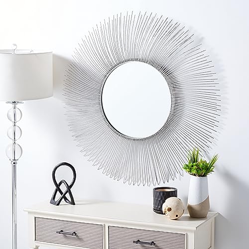 SAFAVIEH Home Collection Jaslene Silver Sunburst 35-inch Round Decorative Accent Wall Mirror for Bedroom Living Room Bathroom Entryway