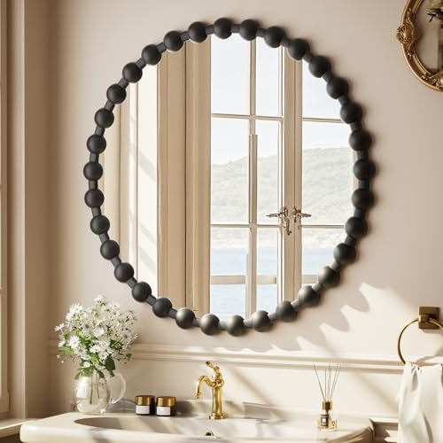 Easly Round Mirror for Wall, 28 Inch Black Beaded Frame Decorative Vanity Mirror, Circle Bathroom Mirror with High-Definition Lense, Modern Wall Decor for Bathroom, Living Room, Bedroom, Entryway - color: Black, size: 28"L x 28"W