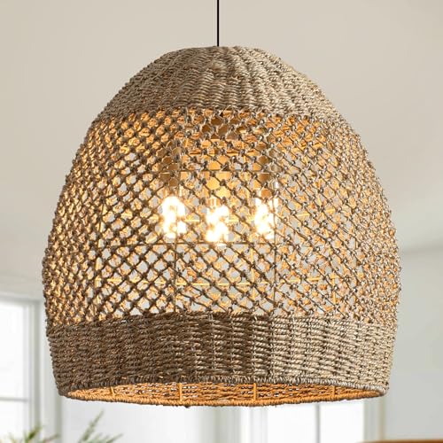 19.7" Boho Rattan Chandelier Fixture,3-Light Farmhouse Wicker Hand Woven Ceiling Hanging Chandeliers of Living Room Dining Room Kitchen Island Hallway - size: 3-Light 19.7 inch