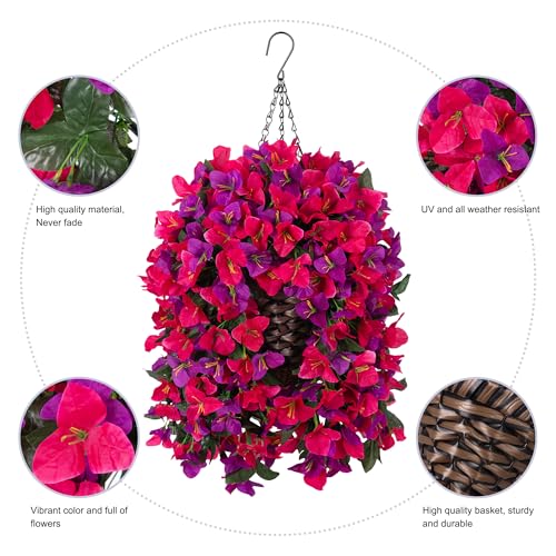 Bougainvillea Artificial Hanging Fake Flowers with Basket for Outdoors Decoration, Faux Silk Flowers UV Resistant Fake Plants Long Vines Realistic for Outside Front Door Porch Patio, Fuchsia Hotpink - color: Fuchsia Hotpink