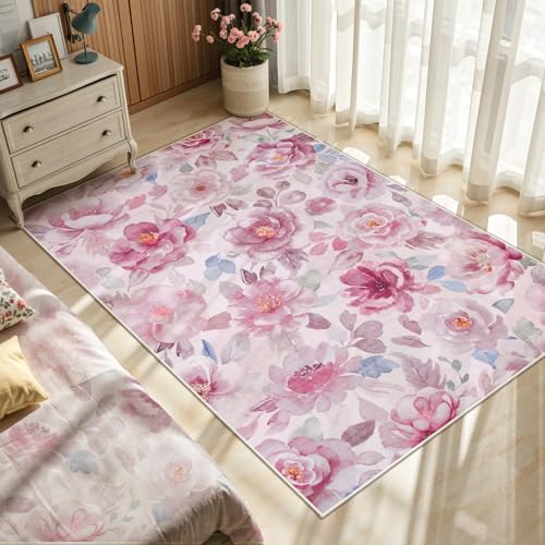 Lahome Floral 3x5 Area Rug for Bedroom, Non-Slip Entry Way Rugs Indoor Ulta-Thin Washable Stain Resistant Boho Throw Rugs for Bathroom Bedroom Vanity（3x5,Pink - color: Pink/Camellia, size: 3' X 5'(rectangular)