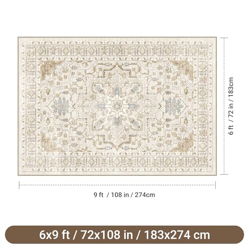 befbee 6x9 Area Rug for Living Rooms, Stain Resistant Neutral Washable Rugs for Dining Rooms, Floral Vintage Non-Slip Thin Large Size Area Rugs(Beige) - color: Beige, size: 6' x 9' (Rectangular)