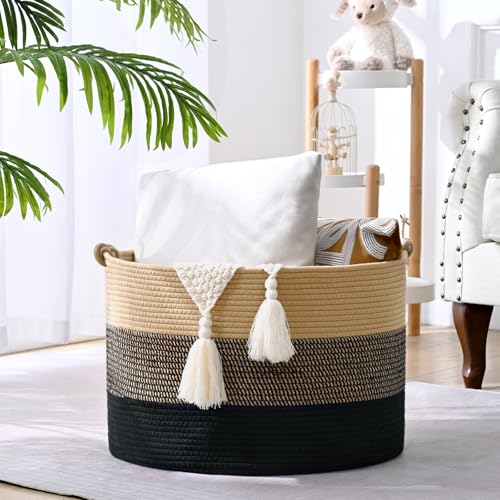 67L Large Blanket Basket, 20"x13" Woven Storage Baskets With Handle, Cotton Rope Blanket Basket Living Room, Baby Laundry hamper for Blanket, Nursery, Toy, Pillow (Brown & Black) - color: Brown & Black, size: 67L