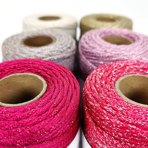 3mm Sparkle Polyester Macramé Cord - 150g/66yds Metallic Glitter Braided Cord for Crocheting Bags, Baskets, Macramé Plant Hangers & DIY Crafts, Machine Washable (6#Red Silver) - color: 6#red Silver