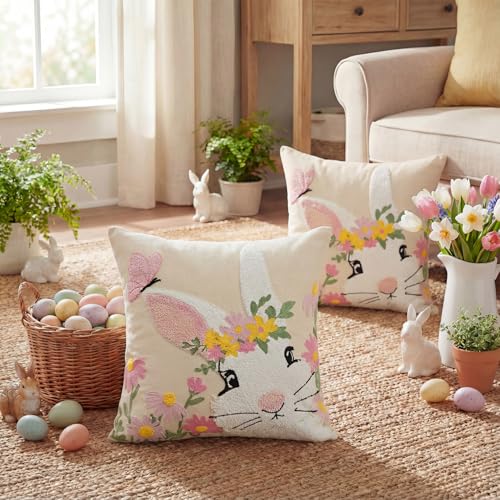 AVOIN colorlife Easter Spring Rabbit Floral Embroidered Throw Pillow Covers, 18 x 18 Inch Butterfly Bunny Tufted Patterned Linen Decoration Cushion Case for Sofa Couch Set of 2 - size: 18" x 18" (Pack of 2)